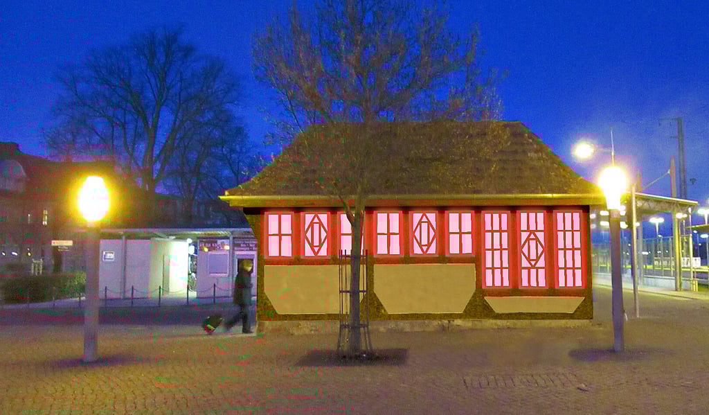 Entwurf für das Tunnelhäuschen am Stendaler Bahnhof, das  in roter Farbe erleuchten könnte.