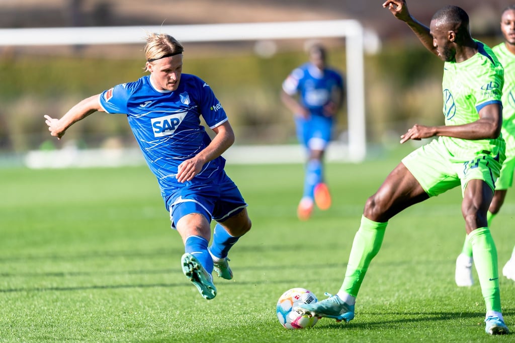 Kampf um den Ball: Hoffenheim-Neuzugang Kasper Dolberg (l) und Wolfsburgs Josuha Guilavogui.