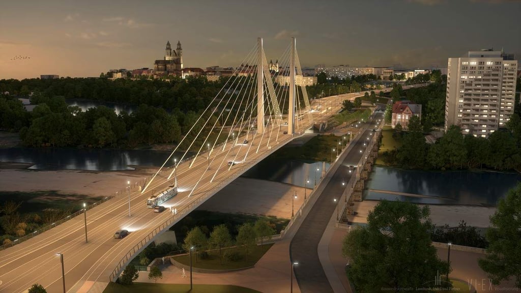 Hier noch eine Visualisierung, voraussichtlich Ende des Jahres 2023 fertig: Blick auf den neuen Elbbrückenschlag in Magdeburg. 