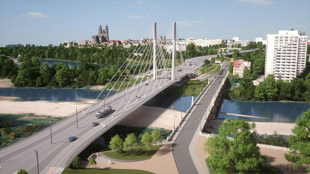 Visualisierung des neuen Strombrückenzuges mit der Pylonbrücke im Vordergrund.