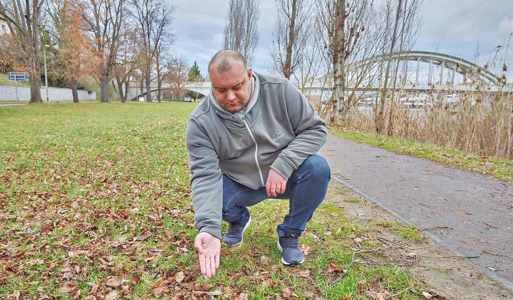 Der 35-jährige Mirco Breborowicz zeigt auf die Stelle, an der sein Hund Tatsuō etwas Unbekanntes gefressen hat. Dass es sich um Gift gehandelt hat, wurde ihm erst dann bewusst, als es es für eine Rettung zu spät war.
