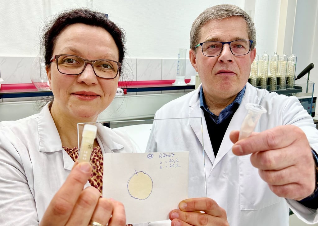 Sandra Warmuth und Wolfram Schnäckel zeigen die ersten Proben des sogenannten Zellfleisches.