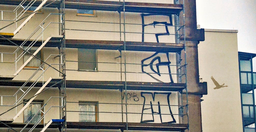 Um diese Schriftzeichen an einem Wohnblock in der Großen Gartenstraße anzubringen, ist der oder sind die Täter sogar auf das davorstehende Gerüst geklettert.