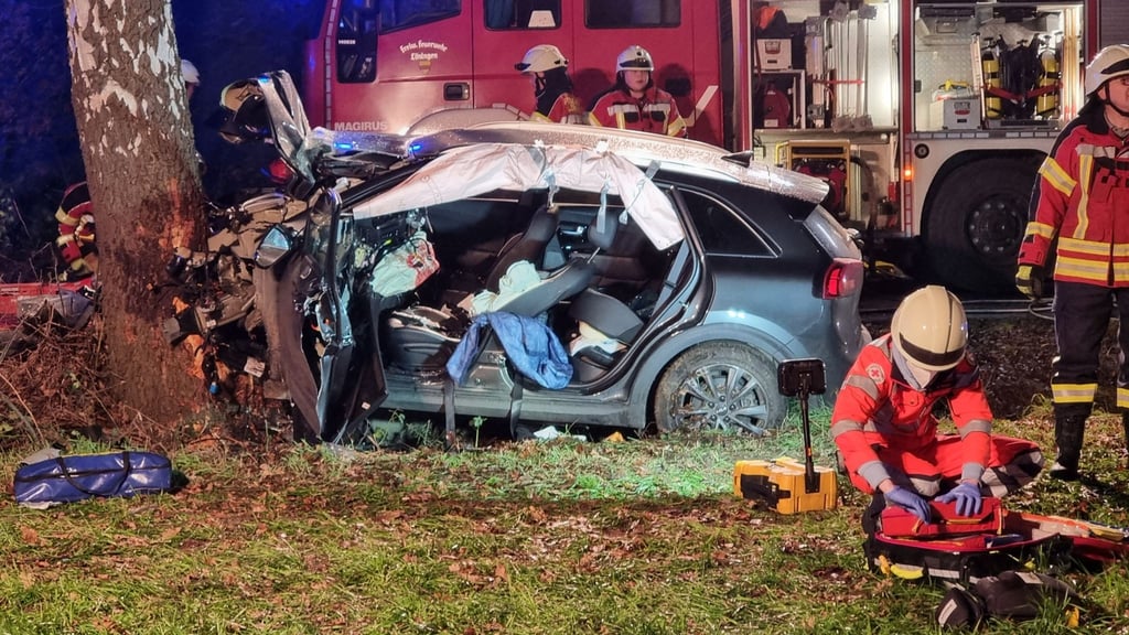 Rettungskräfte sind an einer Unfallstelle neben einem Autowrack im Einsatz.