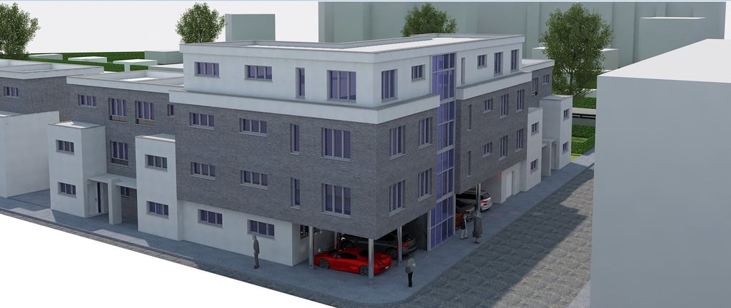 So könnte das Mehrfamilienhaus mit anschließenden Reihenhäusern einmal aussehen.