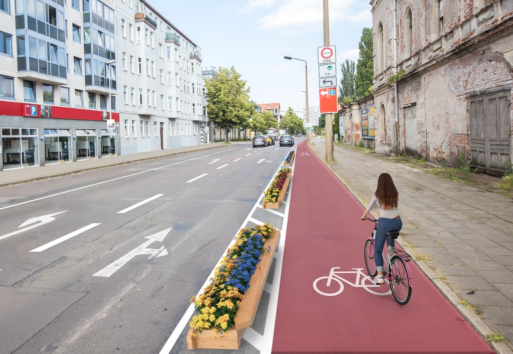 „Am Fuchsberg“ soll ein geschützter Radstreifen entstehen. Der ADFC Magdeburg, der dies schon länger zum Schutz der Radfahrer einfordert, hatte bereits eine Visualisieurug erarbeitet.