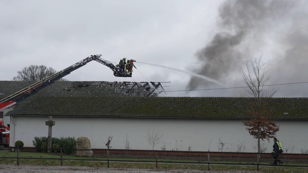Eine Halle einer Kunstsofffabrik steht in Flammen und wird über eine Drehleiter gelöscht.