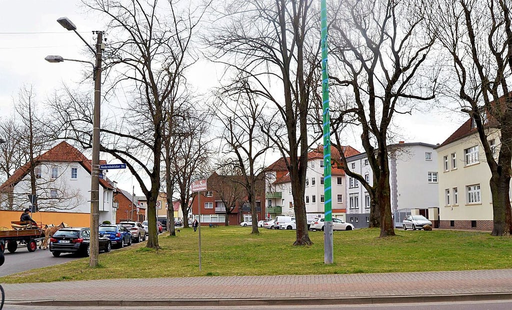 Blick auf den Torplatz in Magdeburg-Diesdorf mit dem alten Baumbestand.