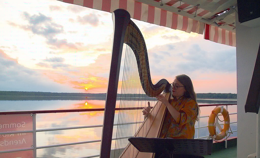 Harfenistin Babett Niclas gab im Juli 2022 ein Sonnenaufgangskonzert auf der "Queen Arendsee".