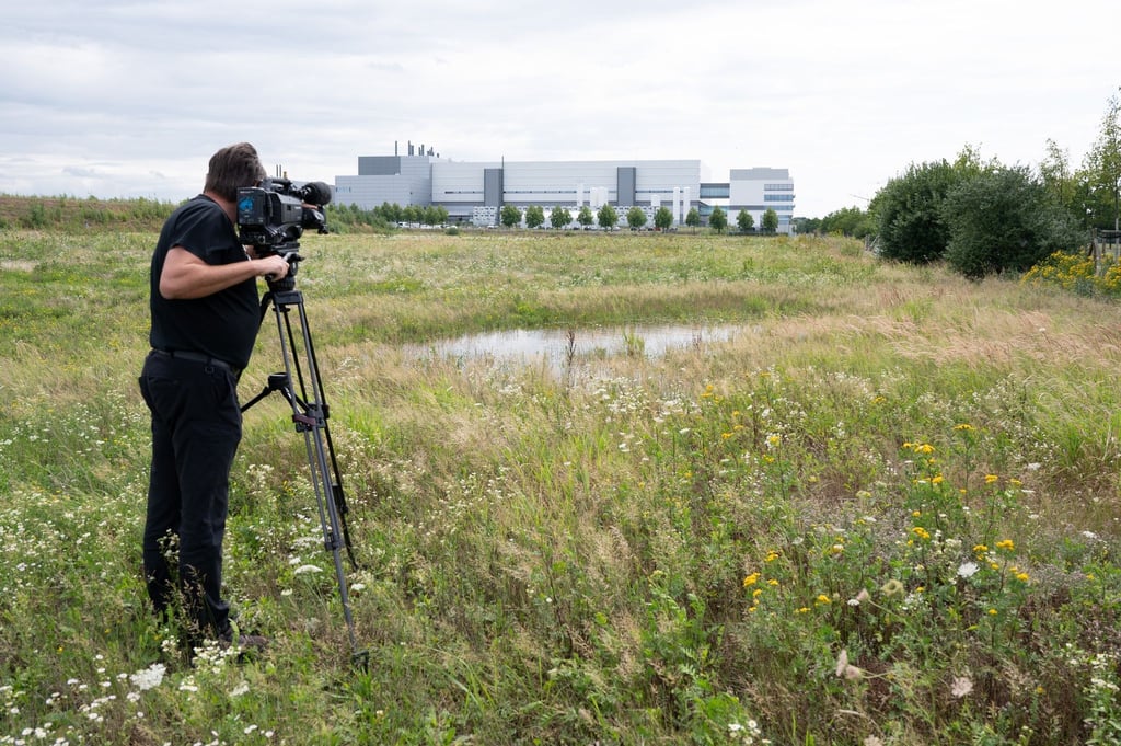 Ein Kameramann auf einer Wiese im Dresdner Stadtteil Klotzsche: In der Nähe der Halbleiterfabrik von Bosch will auch der taiwanische Chiphersteller TSMC eine Fabrik errichten.