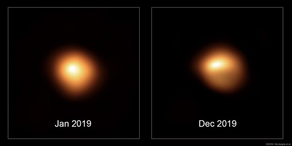 Die beiden Bilder, die mit dem Very Large Telescope der Europäischen Südsternwarte aufgenommen wurden, zeigen, wie die Oberfläche des Sterns Anfang und Ende 2019 aussah.