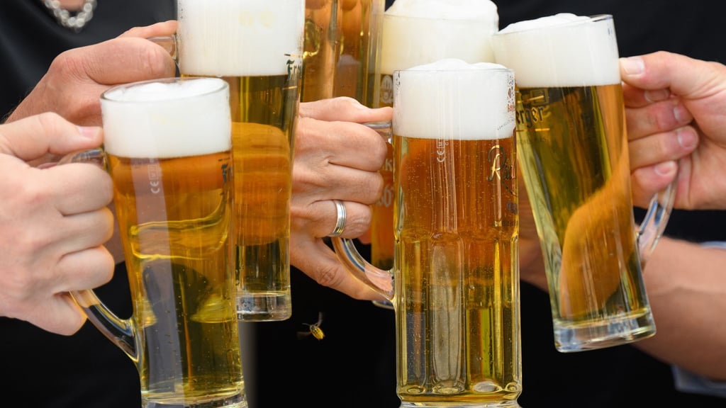 Eine Gesellschaft stößt mit Bier an.