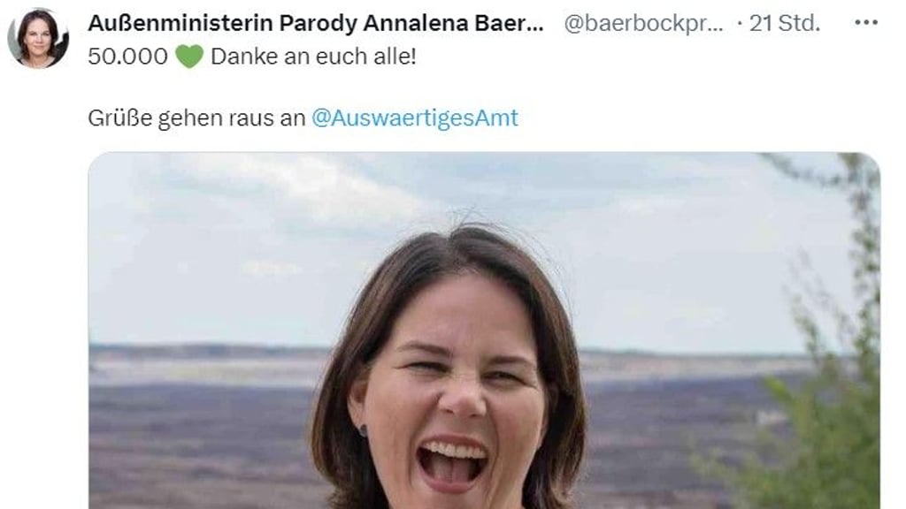 Die Baerbock-Satireseite @baerbockpress freut sich bei Twitter/X inzwischen über mehr 50.000 Follower.