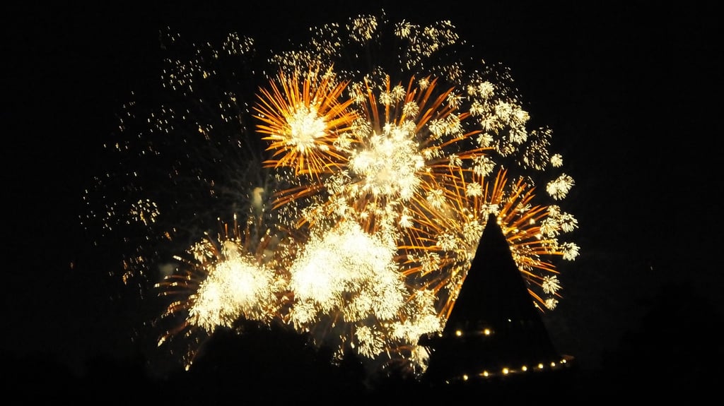 Blick über den Jahrtausendturm auf das Feuerwerk der Pyrogames im Magdeburger Elbauenpark.