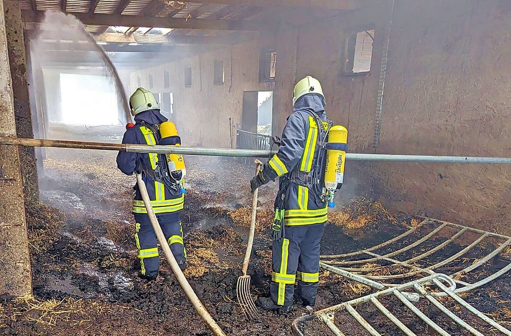 Die Feuerwehrleute löschten unter Atemschutz den Brand im Stallgebäude.