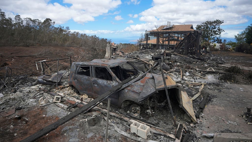 Die verkohlten Überreste eines Fahrzeugs stehen in Kula neben einem von einem Waldbrand zerstörten Haus.