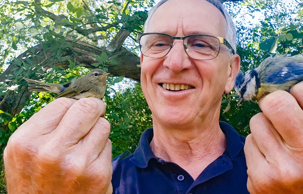 Langeweile kennt Klaus George – hier mit einem Zilpzalp und einer Blaumeise – nicht.