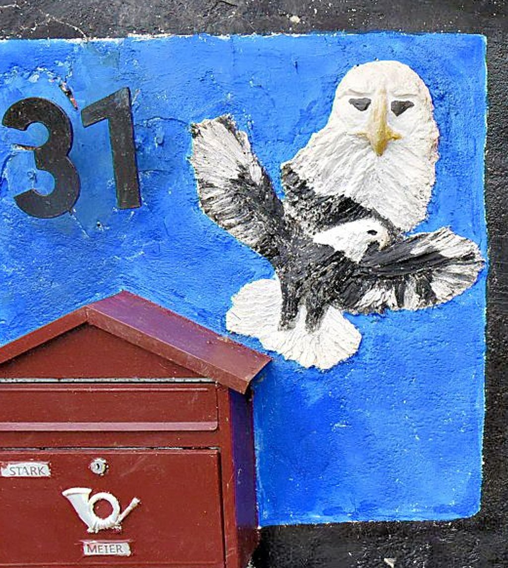 H. Potters weiße Eule Hedwig hinter dem amerikanschen Wappenvogel.