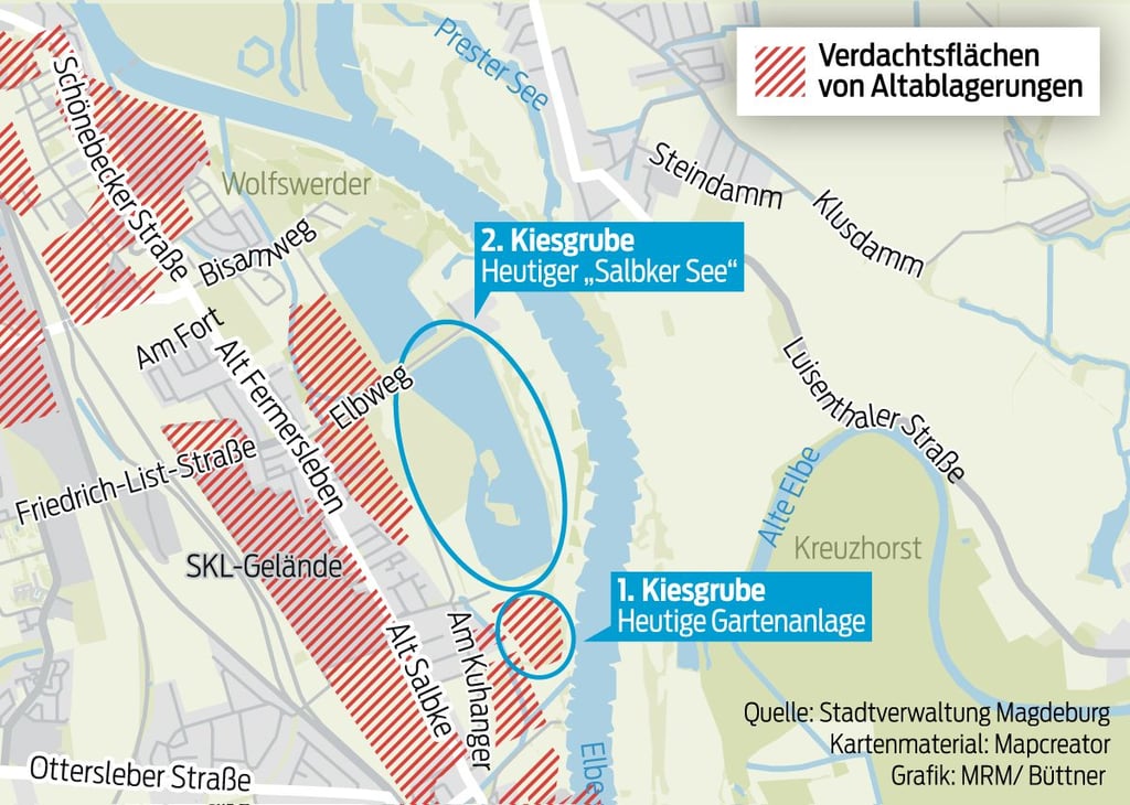 Diese Grafik illustriert die Verdachtsflächen und Altablagerungen rund um die Salbker Seen in Magdeburg.