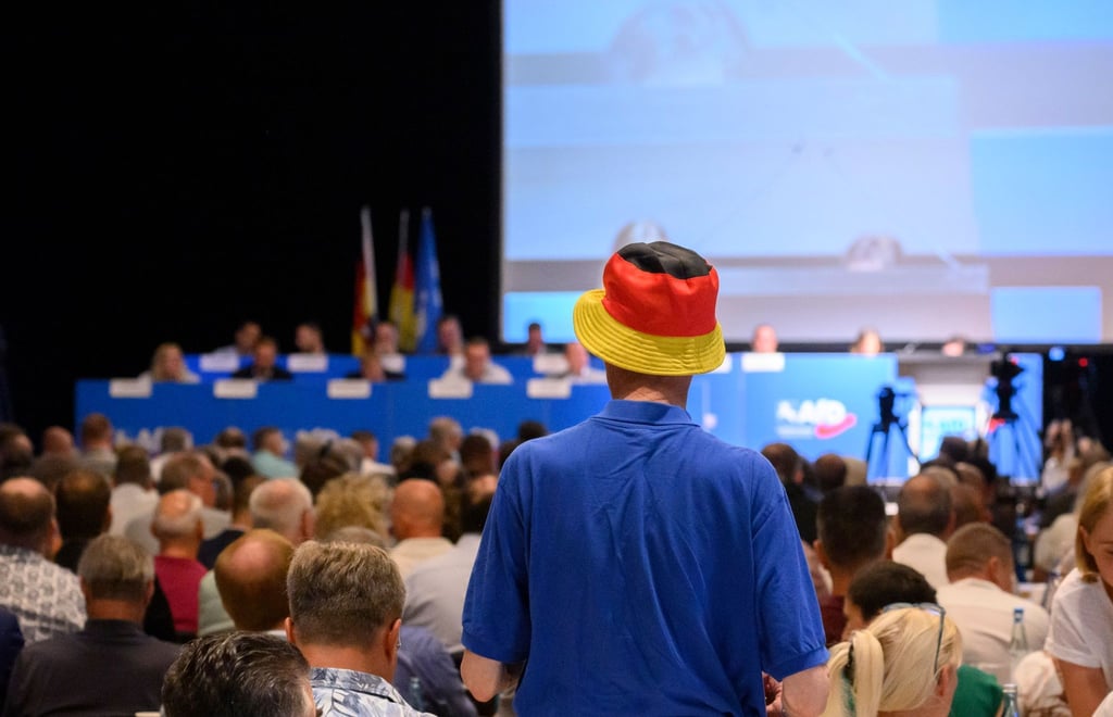 Ein Mann mit schwarz-rot-goldenen Hut steht beim Landesparteitag der AfD Niedersachsen.