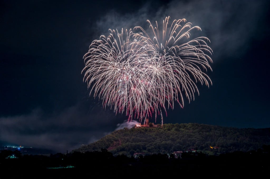 Höhenfeuerwerk während des Drei(n)schlags über der Mühlburg.