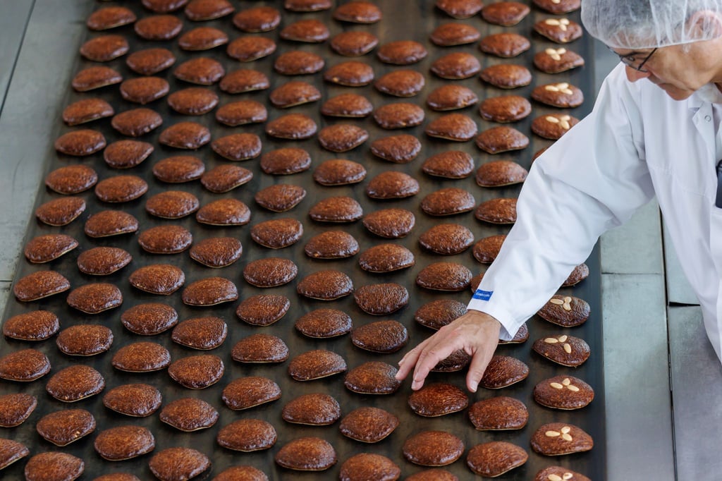 Frisch gebackene Lebkuchen laufen auf einem Band aus einem Ofen.