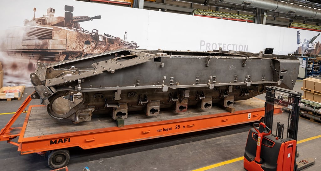 Die Wanne von einem Schützenpanzer Lynx steht in einer Fertigungshalle von Rheinmetall.