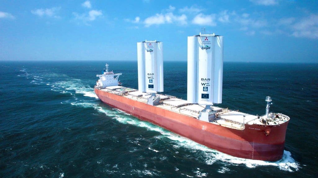 Das Frachtschiff „Pyxis Ocean“ wurde mit zwei Segeln nachgerüstet.