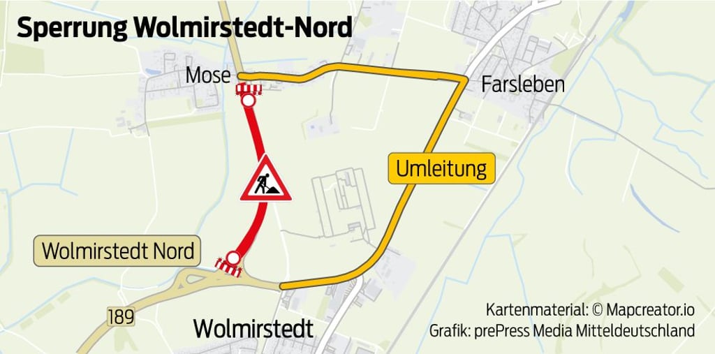 Die B189 im Bereich der Abfahrt Wolmirstedt Nord wird voll gesperrt.