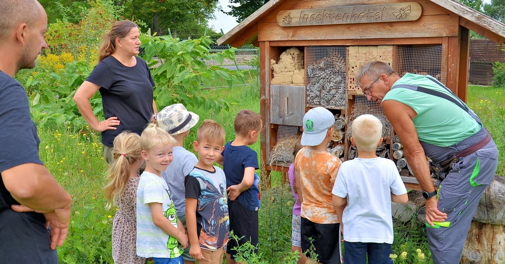 Gerald Dietrich (rechts) erklärt den Besuchern von der Kita "Güstener Spatzen", wer im Insektenhotel auf der Streuobstwiese des Vereins wohnt. Der ehemalige Vorsitzende konnte ihnen erleichtert auch das Hühnergehege in der Anlage zeigen.