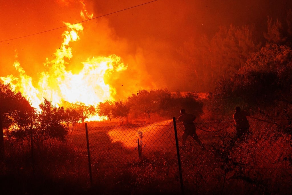 Feuerwehrleute versuchen, die Flammen in einem Wald im Dorf Avantas nahe der Stadt Alexandroupolis zu löschen.