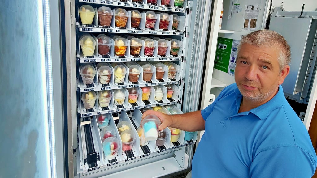 Jens Putzer, Betreiber vom Tierpark und dem Eiscafé Eisbär in Lützen, steht an einem geöffneten Automaten im Martzschpark, der mit selbstgemachter Eiscreme befüllt ist.