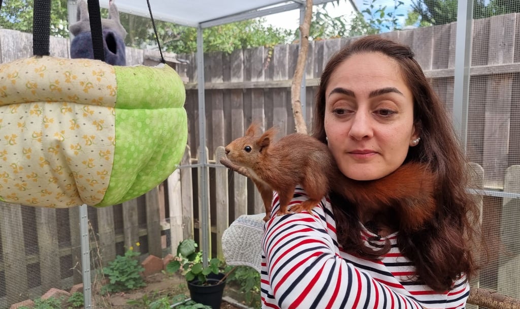 Tierschützerin Mona Gahrib hat ein Eichhörnchen auf der Schulter.