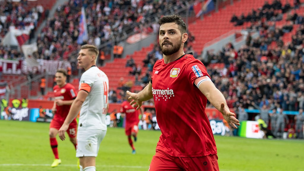 Kevin Volland trifft im Ligaspiel 2017 für Bayer zum 2:2 gegen RB