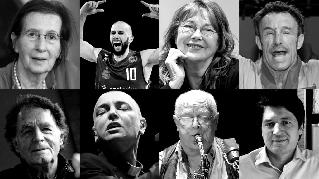 Prominente Todesfälle im Juli/August 2023 (o.v.l.): Heide Simonis, Dennis Kramer, Jane Birkin, René Weller; (u.v.l.): Michael Hansen, Sinead O'Connor, Ernst Ludwig Petrowsky, Christian Quadflieg