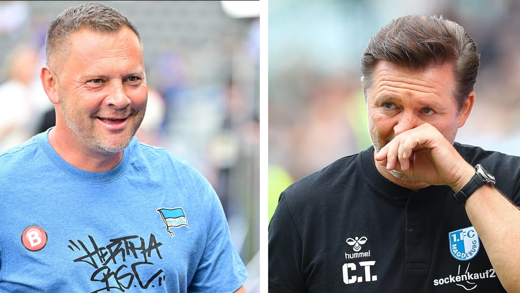 Hertha-Trainer Pal Dardai zeigt sich voll des Lobes gegenüber dem 1. FC Magdeburg. FCM-Trainer Christian Titz (r.).