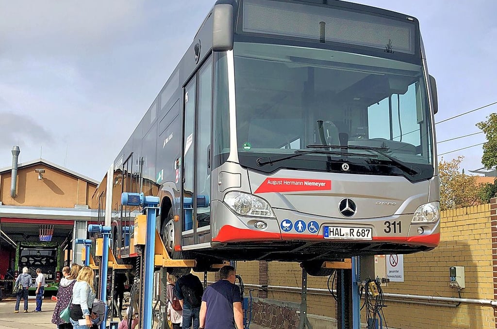 Neben Hüpfburgen und Kinderbaustellen konnten die Gäste auf dem Betriebsgelände der Havag auch unter Straßenbahnen und Busse einen Blick werfen.