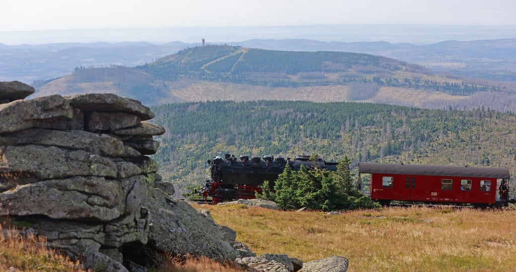 Ein Zug der Harzer Schmalspurbahn HSB fährt hinter der Teufelskanzel auf dem Brocken entlang.