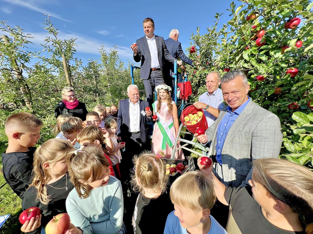 Minister Sven Schulze (oben, Mitte) und Blütenkönigin Antonia I. eröffneten mit Grundschulkindern und weiteren Gästen die Apfelernte 2023.
