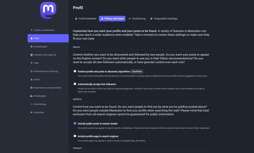 Noch ist das neue Einstellungsmenü nicht ins Deutsche übersetzt worden. „Include public posts in search results“ ist aber der Ort fürs Häkchen, wenn man seine Inhalte für die Volltextsuche öffnen möchte.
