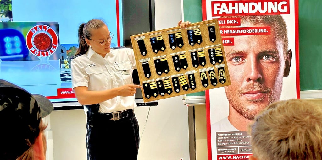 Inken Henningsen zeigt Sportschülern in Halle die Ärmelstücken für die verschiedenen Dienstgrade bei der Polizei.