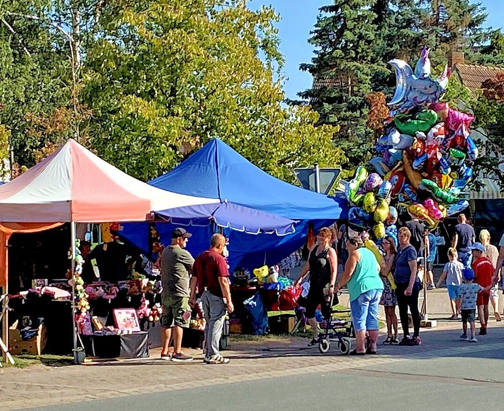 Zwei bunte Zelte und zahlreiche Ballons an der Hauptstraße bildeten den Eingang zur Händlermeile beim Pflaumenkuchenmarkt in Großmühlingen,