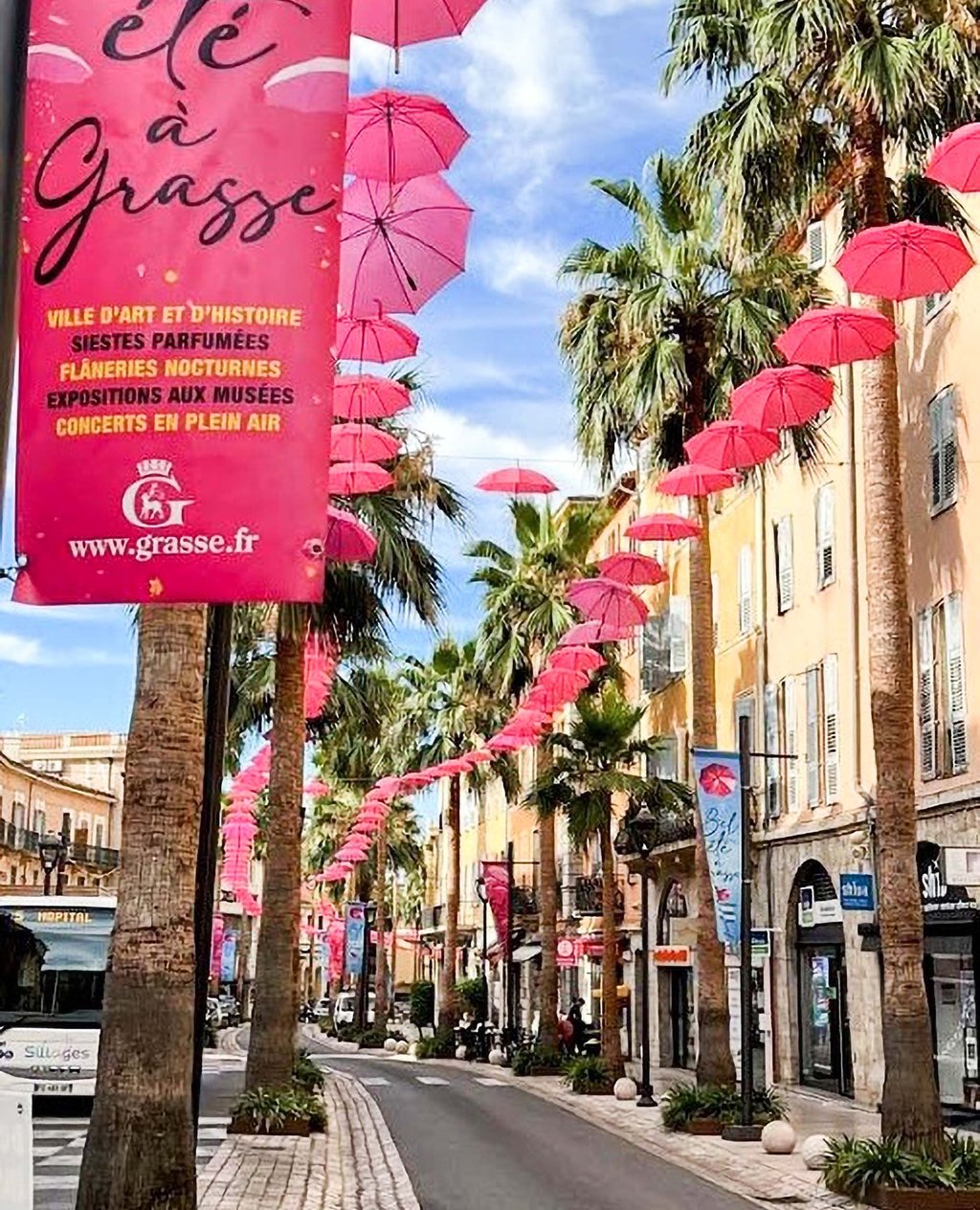 Dieses Foto stammt aus dem 50.000-Einwohner-Ort Grasse an der französischen Riviera. Dort ist eine Straße mit pinken Schirmen überspannt. So oder ähnlich könnte es auch in der Göpenstraße aussehen.