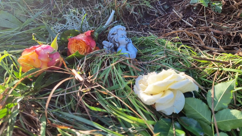 Blumen und eine Engelsfigur liegen am Tatort im niedersächsischen Landkreis Diepholz.