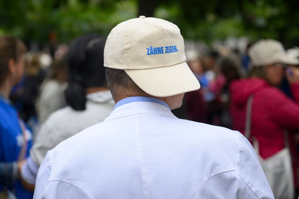 Mediziner und Fachpersonal aus Zahnarztpraxen demonstrieren am Landtag Niedersachsen.