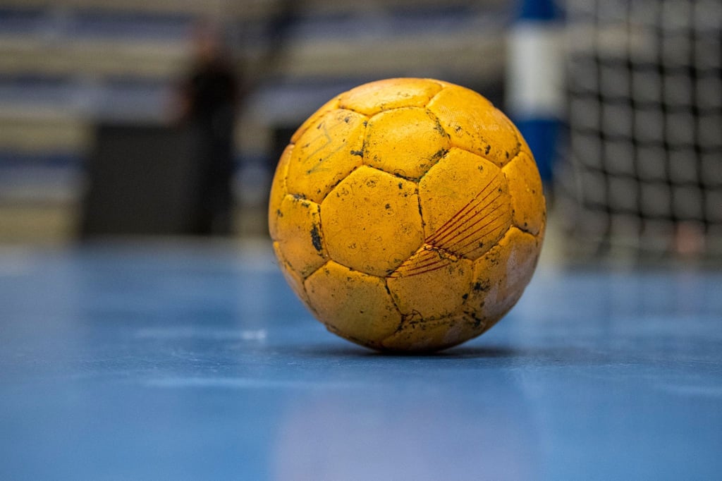 Ein Handball liegt vor einem Tor.