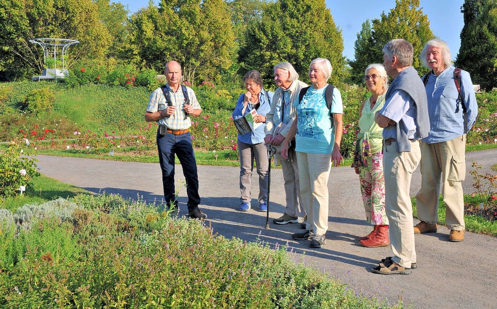 Vor der Jahreshauptversammlung der Rosenfreunde führte Uta Anhalt (4.v.li.) eine der zwei Gruppen durch das Europa-Rosarium. Bei ihrer Führung standen die Gehölze des Parks im Mittelpunkt. Auch das Kräuterbeet mitten im Rosarium fand großes Interesse.