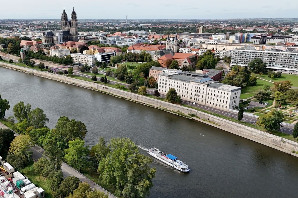 Ein Fahrgastschiff der Weissen Flotte, fährt auf der Elbe stromabwärts auf der Stadtstrecke.