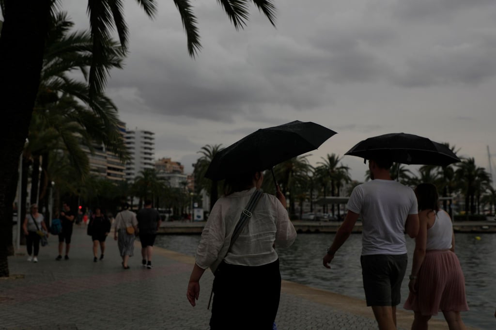 Spaziergänger mit Regenschirmen sind an der Strandpromenade von Palma unterwegs.