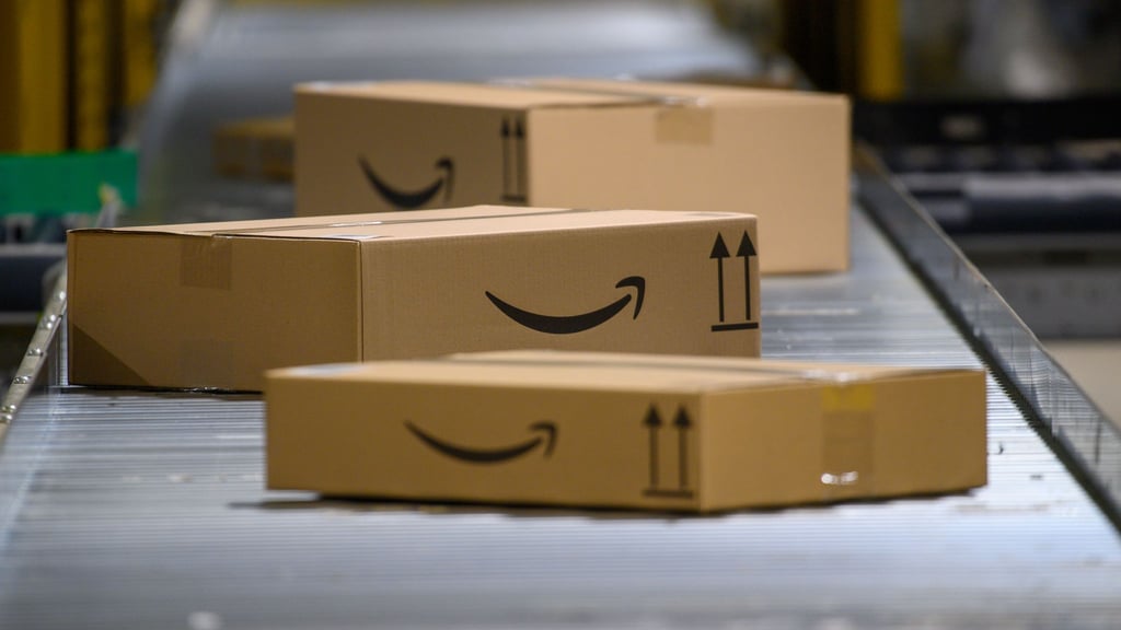 Amazonpakete fahren auf einem Förderband durch das Amazon-Logistikzentrum in Sülzetal.